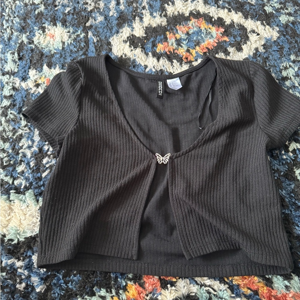 H&M Black Ribbed Blouse with Butterfly Accent